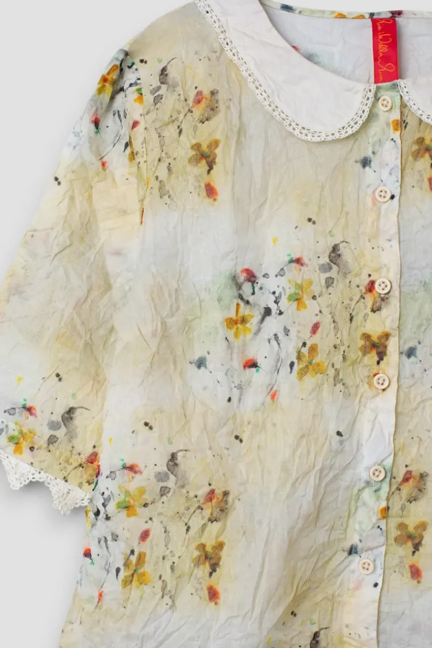 Ewa i Walla Bluse 44972 BLENDA in pastellgelb mit Flowerprint (flower print) - Organza aus reiner Baumwolle