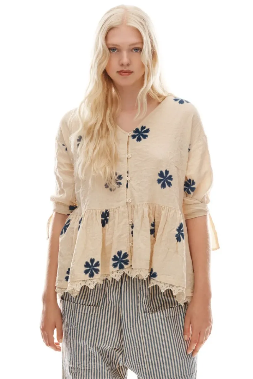 Ewa i Walla Bluse 44956 GUNBORG in creme mit Flowerprint (blue flower) - reine Baumwolle aus groben Gewebe
