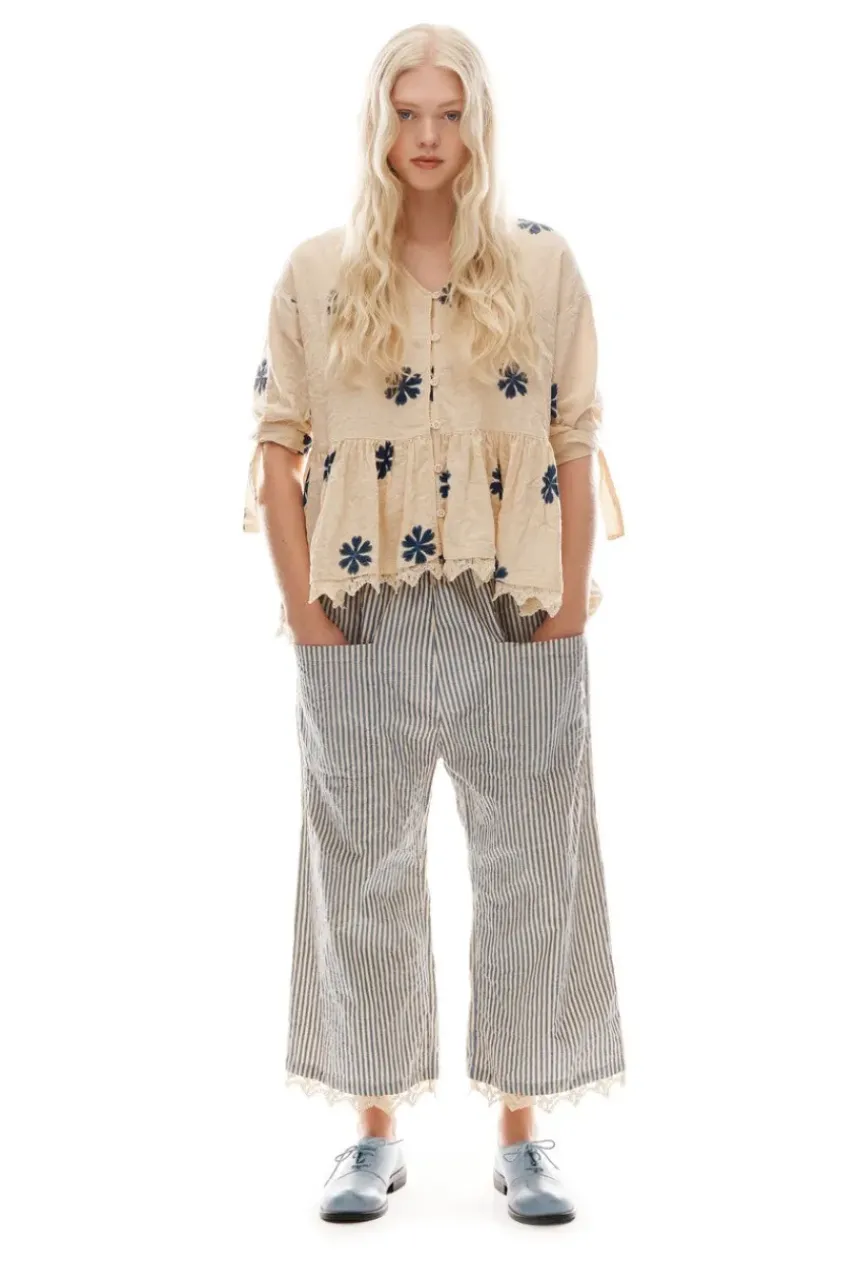 Ewa i Walla Bluse 44956 GUNBORG in creme mit Flowerprint (blue flower) - reine Baumwolle aus groben Gewebe