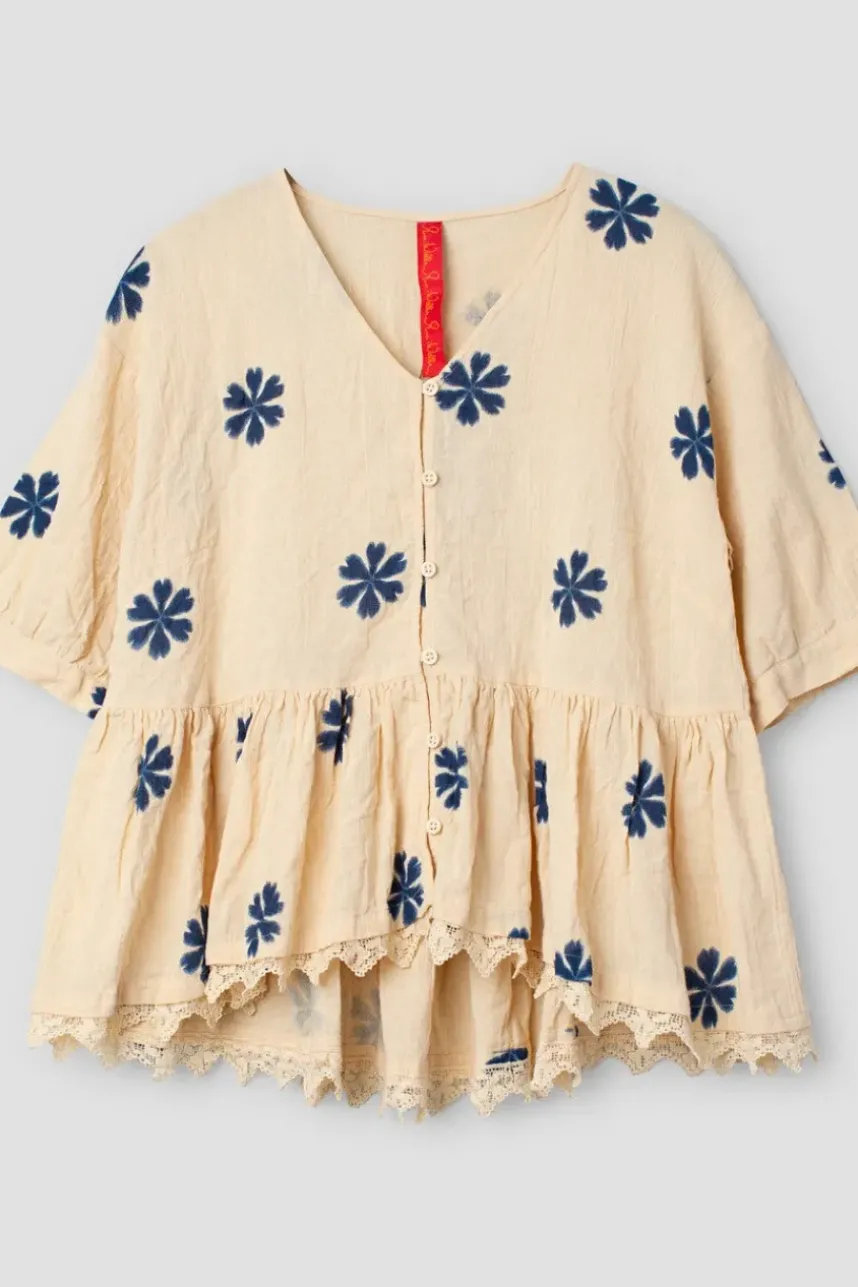 Ewa i Walla Bluse 44956 GUNBORG in creme mit Flowerprint (blue flower) - reine Baumwolle aus groben Gewebe