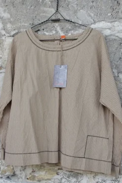 Ewa i Walla Bluse 44869 HERA in beige mit schwarzen Streifen - reine Knitterbaumwolle