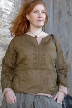 *Ewa i Walla Bluse 44100 MOLLY im satten oliv (olive) - Organza aus reiner Baumwolle
