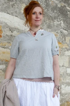Ewa i Walla Bluse KITTY 44138 in hellblau zart kariert (original)- Baumwolle mit Leinen