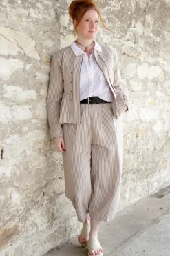 Ewa i Walla Hose BOTVI 11426 in beige mit Streifen in blau-rosa - Leinen mit Baumwolle