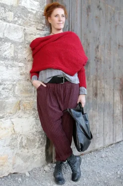 *Ewa i Walla Hose Tiefschritt 11414 MERJA in burgunder rot fein gestreift (burgundy) - softes Leinen