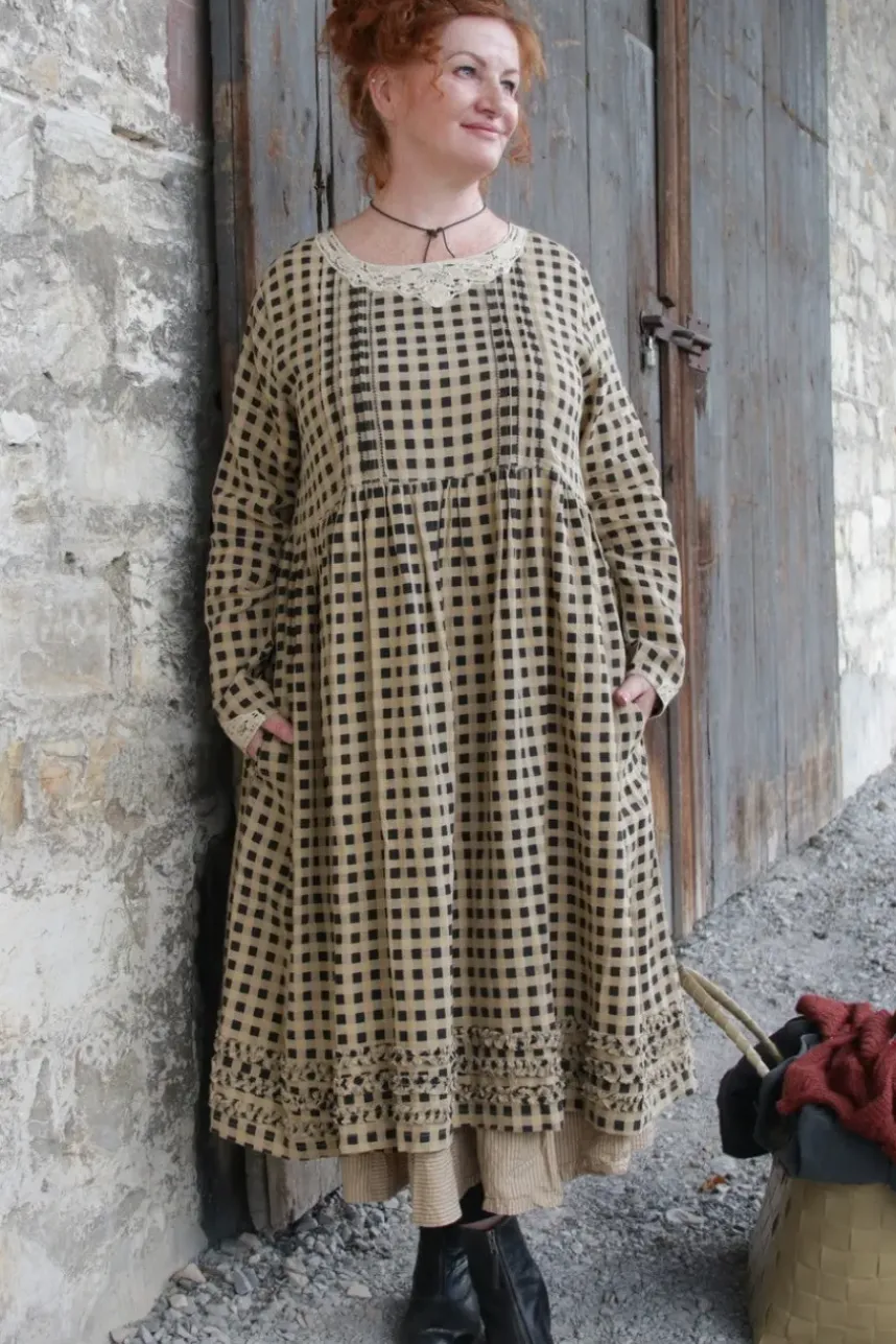 Ewa i Walla Kleid 55772 ADA in original/creme, schwarz kariert - Leinen & Baumwolle