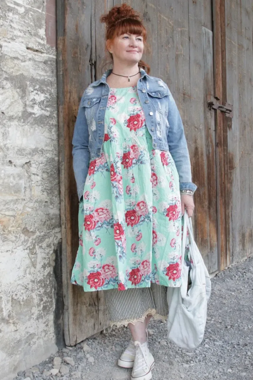 Ewa i Walla Kleid 55859 ALISON in mintgrün mit Flowerprint (turquoise flower) - reine Knitterbaumwolle