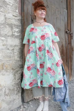Ewa i Walla Kleid 55859 ALISON in mintgrün mit Flowerprint (turquoise flower) - reine Knitterbaumwolle