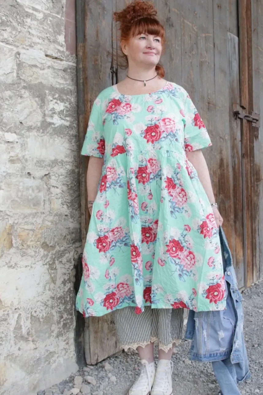 Ewa i Walla Kleid 55859 ALISON in mintgrün mit Flowerprint (turquoise flower) - reine Knitterbaumwolle