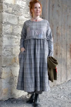 *Ewa i Walla Kleid 55875 SALMA in grau oliv kariert mit Flicken (original) - reine Baumwolle
