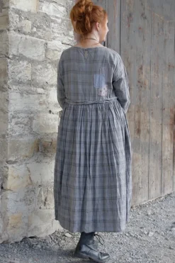 *Ewa i Walla Kleid 55875 SALMA in grau oliv kariert mit Flicken (original) - reine Baumwolle