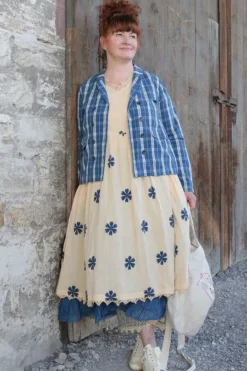 Ewa i Walla Kleid 55846 SOLBRITT in creme mit Flowerprint (blue flower) - Baumwolle aus groben Gewebe