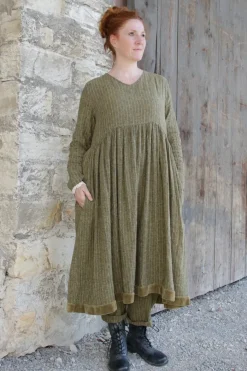 *Ewa i Walla Kleid 55876 VANDA in oliv mit Streifen (dark ecru) - softes Leinen
