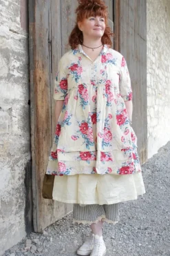 Ewa i Walla Tunika 44953 AGDA in pastellgelb mit Flowerprint (vanilla flower) - reine Knitterbaumwolle