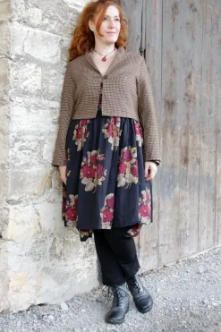 Les Ours Jacke BEGONIA mit Hahnentrittmuster in schokobraun-caramel - softer Tweed