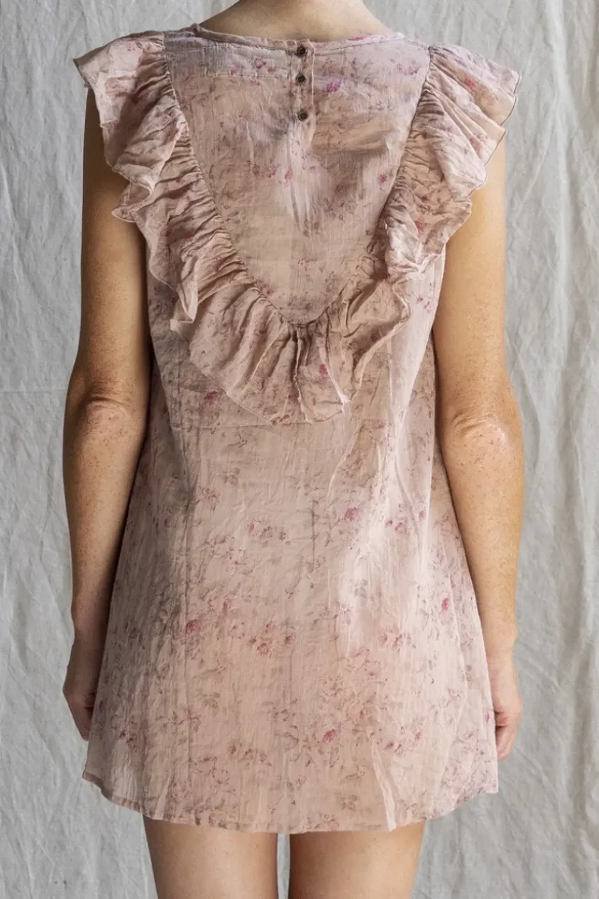 Les Ours Top TAMARIN mit Rüschen in shabby mint mit Flowerprint (almond flowers) - zarter Voile aus reiner Baumwolle